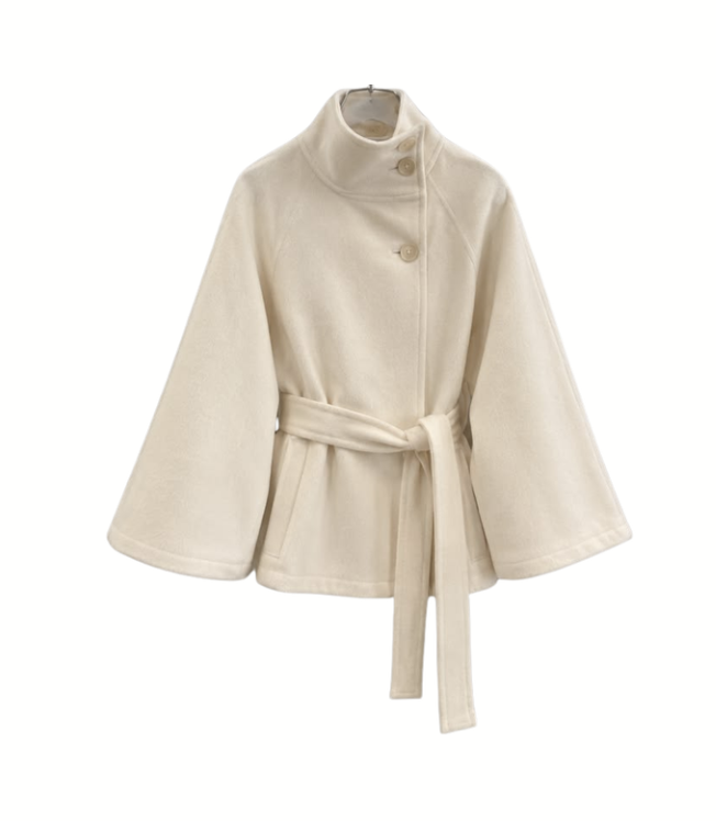 Hooever Women Batwing Sleeve Ponchos Pea Coat Wool Blend Stand Collar Jacket Winter Cropped Overcoat