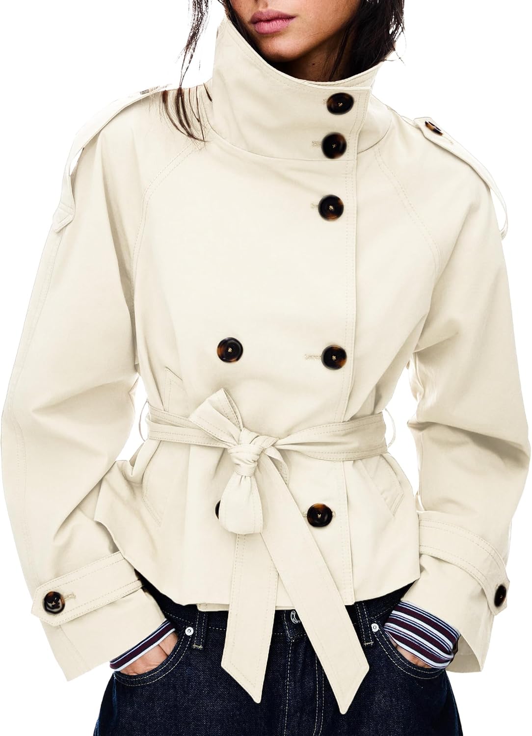 Women's Cropped Trench Coat Double Breasted Short Jacket High Collar