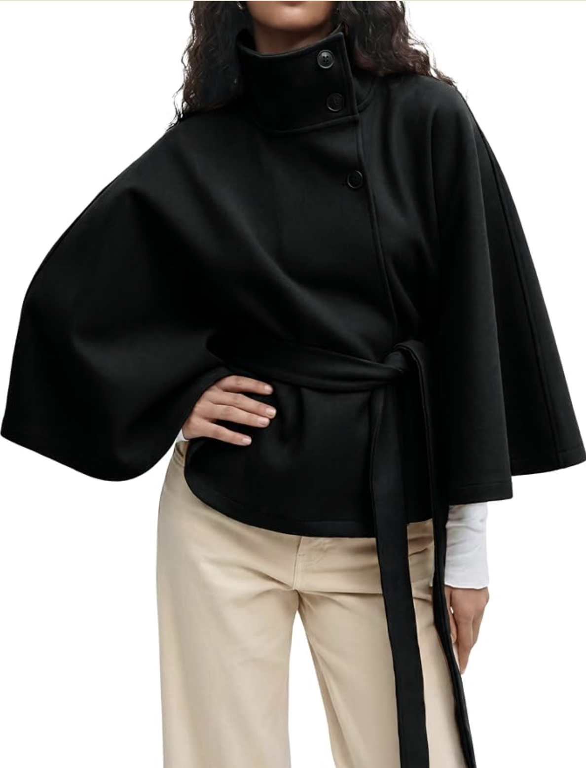 Hooever Women Batwing Sleeve Ponchos Pea Coat Wool Blend Stand Collar Jacket Winter Cropped Overcoat