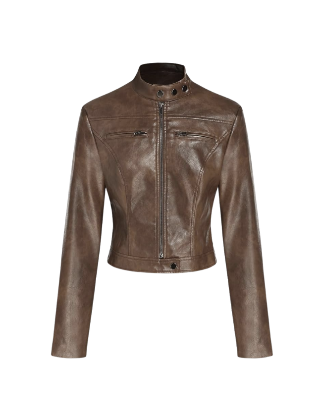 CIDER Faux Leather Stand Collar Zipper Biker Jacket