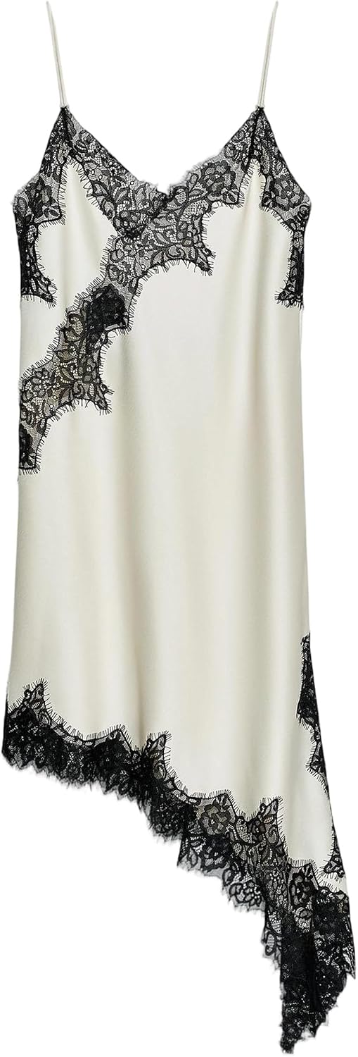 Women's Satin Lace Dress Asymmetric Cocktail Mini Dress Layering